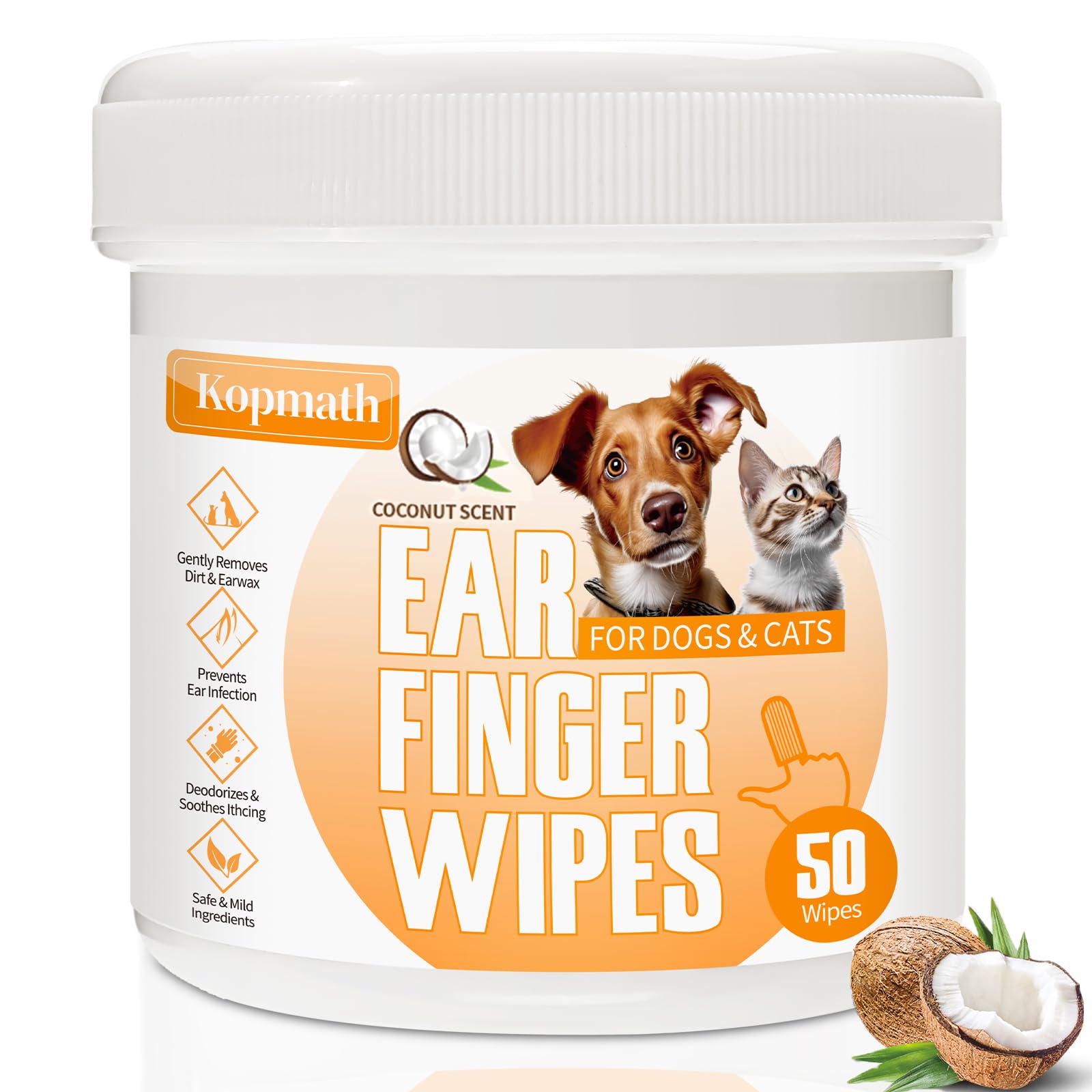 Kopmath Dog Ear Wipes Ear Cleaner Finger Wipes for Dogs & Cats Gently Remove Earwax & Odor Soothe Ear Itching and Infection Easy to Use Natural Cat Ear Wipes for Dogs 50 Count Coconut Scent