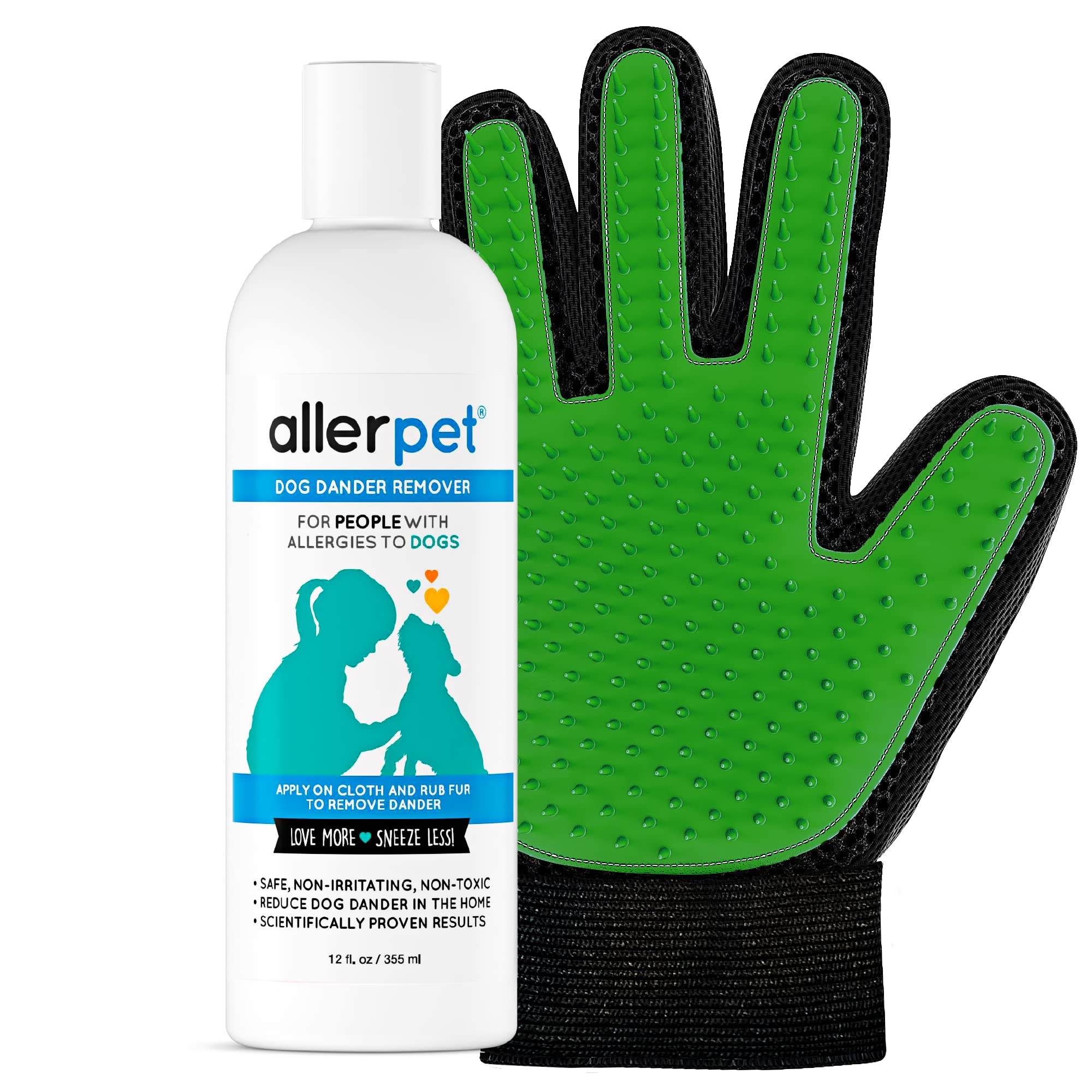 Allerpet Dog Dander Remover w/Free Grooming Glove - Best Pet Dander Remover for Allergens - for Canine Dry Skin Treatment - Good for Fur & Skin - (12oz)