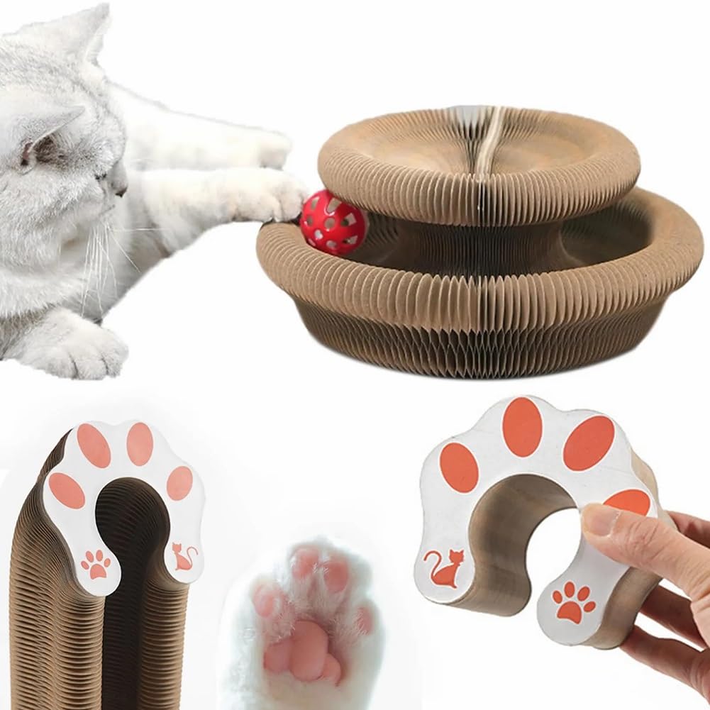 Kitty Toy Magic Cat Scratching Board Interactive Scratch Pad with a Ball Cat Scratcher for Grinding Claw Recyclable and Durable Furniture Protector Retractable Brown Reversible