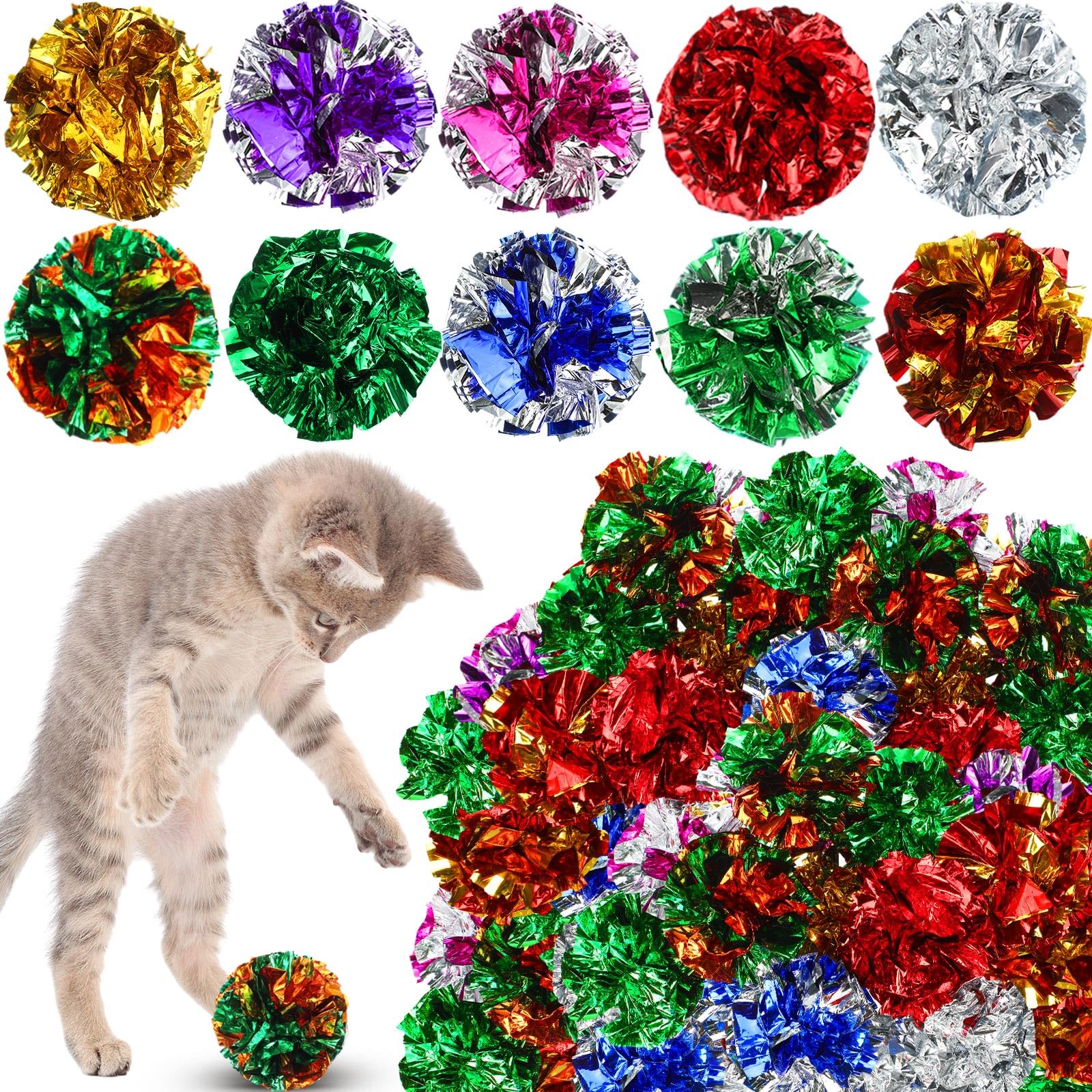 Silkfly 50 Pcs Polyester Film Crinkle Balls Cat Toys 2.36 Inch Interactive Crinkle Ball Colorful Balls Chew and Chase Cat Ball Toys Attract Cats for Indoor Cats and Kittens to Keep Fit and Active