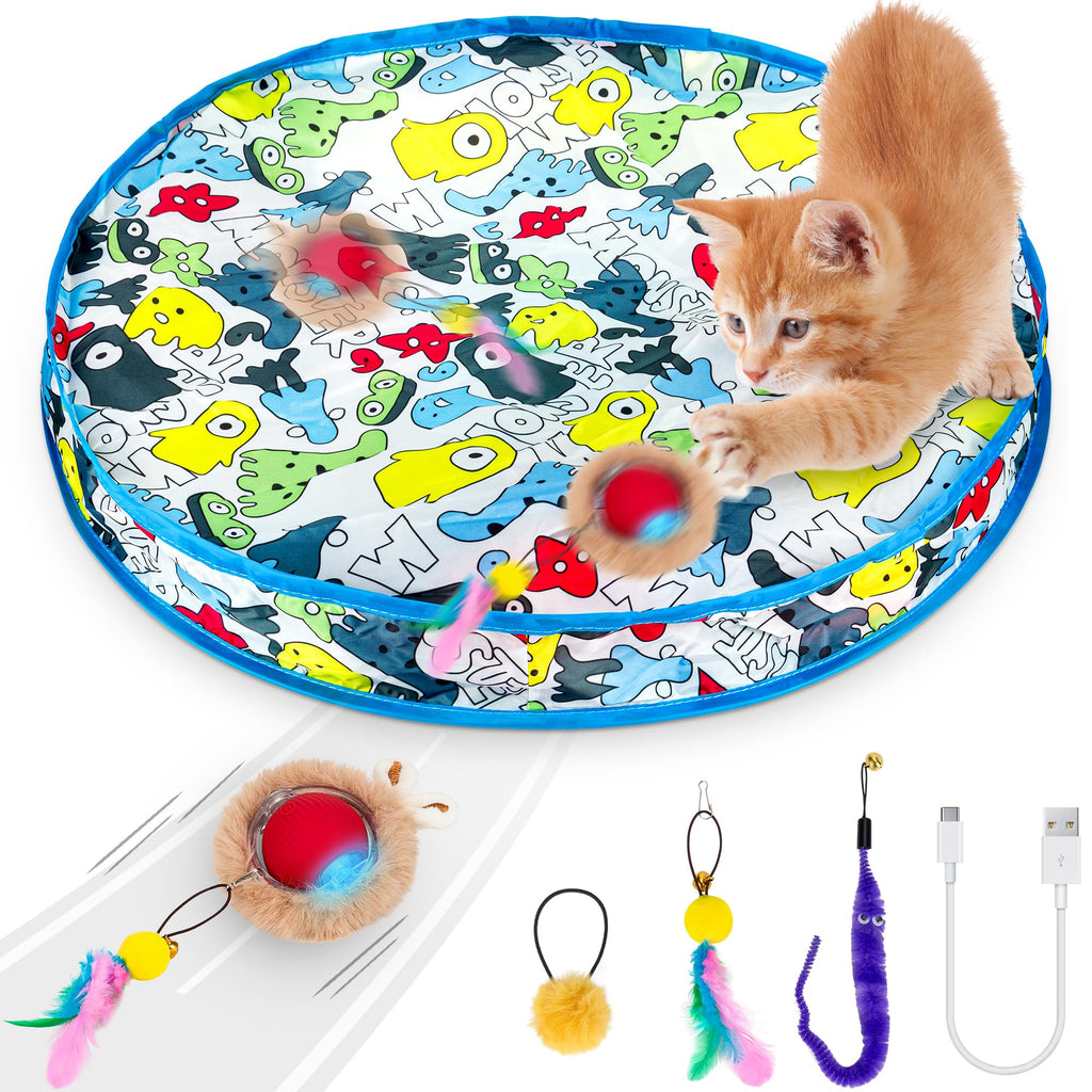 ROTESONNE Interactive Cat Toys Cat Ball Fast Rolling in Pouch Indoor Hide and Seek Automatic Moving Kitten Toys with LED Light Fuzzy Bell Tail Motion Activated Chirping