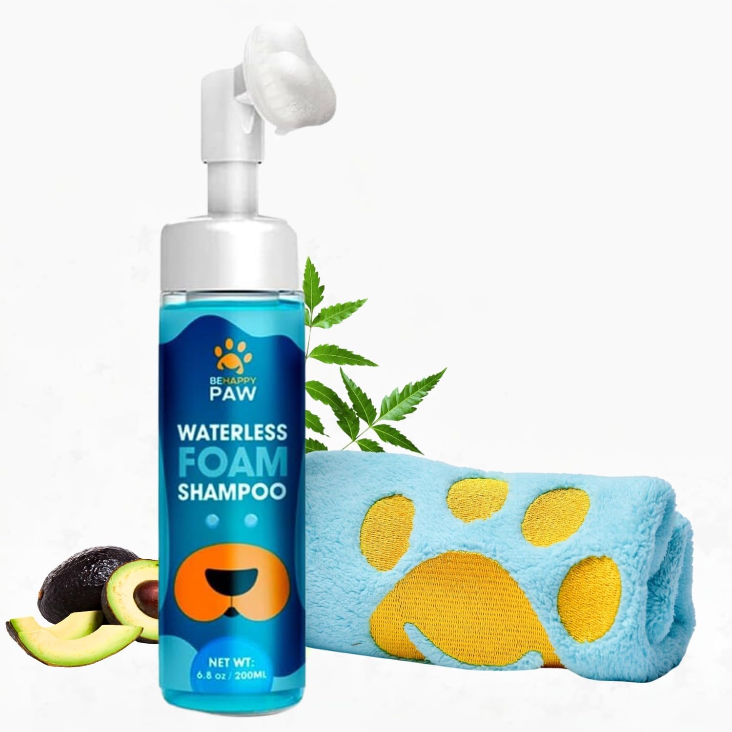 Be Happy Paw Dog Paw Cleaner 6.8fl oz No-Rinse Waterless Shampoo Foam Paw Cleanser with Silicone Brush and Microfiber Towel Natural Pet Paw Cleaner for Dogs and Cats
